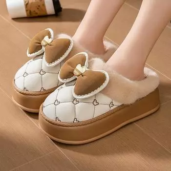 Winter New 6 cm Platform Slippers Women s Home Shoes Waterproof High Heels Fur Mules Female Fashion Warm Furry Outdoor Slippers 36-37 кофейный