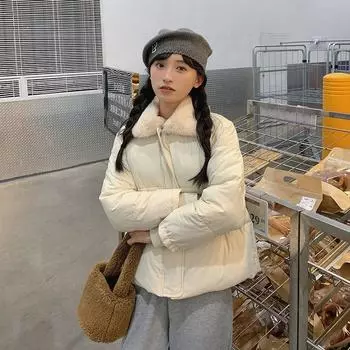 Winter new down cotton-padded clothes for female students, simple lamb wool cotton-padded jacket, short jacket, thin and loose cotton-padded clothes S (recommended 70-55kg)