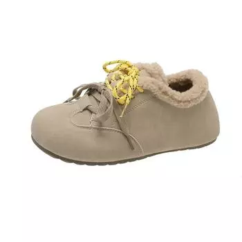 Winter New Flat Shoes Women s Round Head Suede Front Lacing Soft Sole Anti-slip Wear-resistant Short Boots 35 бежевый