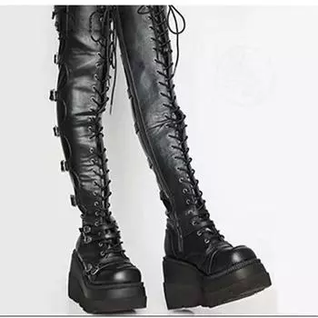 Winter new large size lace-up high-heeled knee boots belt buckle round head slope heel boots women s thick-bottomed water table knight boots 35 чёрный