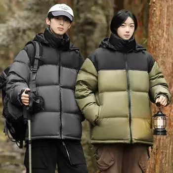 Winter New Men s Korean Version Contrasting Color Hooded Graphene Heated Thickened Warm White Goose Down Couple s Down Jacket M