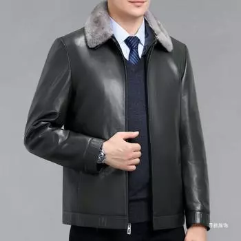 Winter new middle-aged dad leather jacket thickened fur collar down leather jacket sheepskin men s jacket 170