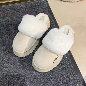 Winter new outer wear warm fluffy half-drag snow boots thick-soled heightening bag head women s cotton slippers 36 бежевый