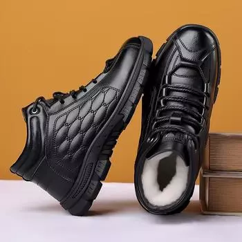 Winter New Shoes for Men Leather Wool Boots Outdoor Warm Plush Genuine Leather Casual Shoes Ankle Boots 38 чёрный