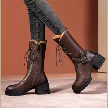Winter New Thick Heel Cotton Boots Women s Fashion Round Head Front Strap Buckle Thick Sole Non-slip Mid-calf Boots 35