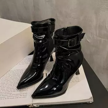 Winter New Thin Heel Single Boots Women s Pointed Belt Buckle Side Zipper Anti-slip Wear-resistant Short Boots 35 матовый черный