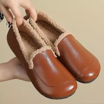 Зимние новые бархатные теплые кожаные туфли из хлопка для мам на плоской подошве повседневные пушистые туфли женские туфли с одной педалью шапочки 35 чёрный