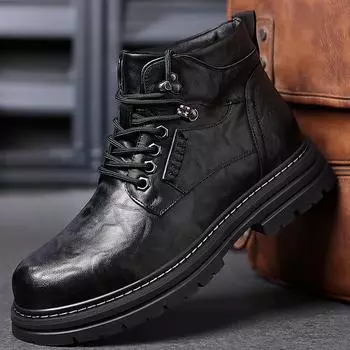 Winter Plush Men Leather Fashion Boots Men Waterproof Lace Up Short Ankle Boots Men Outdoor Platform High Top Motorcycle Boots 38 чёрный
