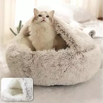 Зимняя плюшевая кровать для кошек, круглая подушка для кошек, домик для кошек 2 в 1, теплая корзина для кошек, спальный мешок для домашних животных, гнездо для котят, будка для маленьких собак и кошек 40cm кофейный