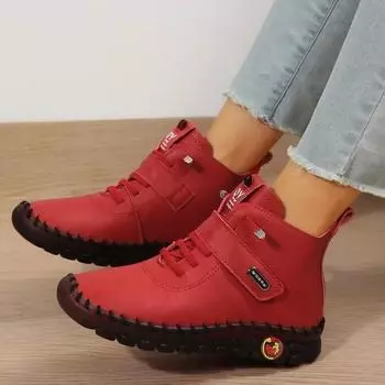 Winter Plush Women s Boots Oxford Handmade Sewing Soft Soled Sneakers Leather Ankle Boots for Women Warm Plush Cotton Shoes 35 красный
