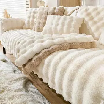 Winter Rabbit Plush Sofa Cover Non-slip Luxury Couch Cover Warm Super Soft Universal Sofa Slipcovers for Living Room Home Decor A 70x70