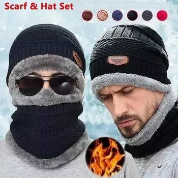 Winter Set Hat Scarves Touch Screen Gloves 3pcs Warm Men Women Fashion Thickening Plus Wool Neck Protect Cap Outdoor Riding чёрный