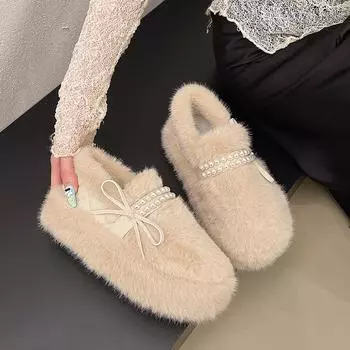 Winter Solid Slip-on Flats Round Toe Butterfly-knot Ladies Shoes 2025 Fashion Beading Shallow Sweet Flats Sapatos Baixos 35 чёрный