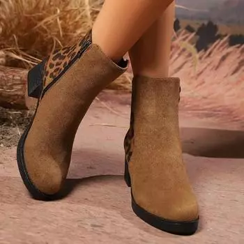 Winter Style Round Toe Short Low Heel Color Matching Thin Women s Riding Boots Leopard Print Design Retro Fashion Model Boots 36 жёлтый