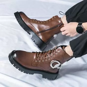 Winter Thick Soled Round Toe Leather Boots High-top Men s Shoes Lace-up Knight Boots Men Pointed Toe Designer Motorcycle Boots 38 чёрный