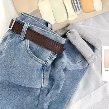 Winter Thickened Warm Harun Pants Straight Leg Slim Women s Fashion Jeans Casual Pants S светло-синий