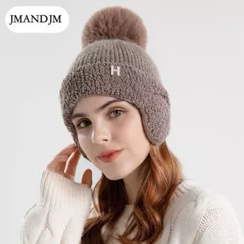 Winter velvet ear protector pullover hat European and American fashion H standard hat women s cold and warm knitted wool hat tide хаки