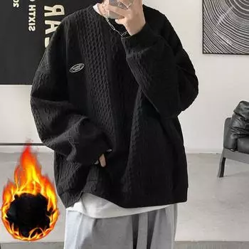 Winter velvet thick warm hemp pattern sweatshirt men s loose and versatile round neck pullover youth long-sleeved sweatshirt S