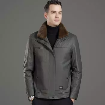 Winter velvet thickened leather jacket for men sheepskin middle-aged and elderly dad wear lapel warm windproof jacket 170