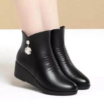 Winter Warm Comfort Soft Leather Soft Bottom Anti slip Slope Heel Leather Short Boots Women s Plush Middle Age Cotton Boots 35(Foot22.5cm)