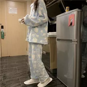 Winter Warm Pajama Sets Women Sweet Baggy Cloud Print Casual Home Girls Velvet Thicker Sleepwear Lounge Dormitory M