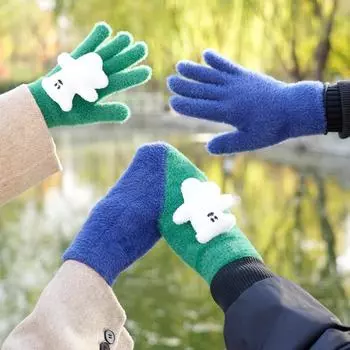 Winter Warm Plush Finger Bag Thick Korean Style Holding Hands Valentine s Day Gift Gift Knitted Cartoon Touch Screen Couple Gloves average size