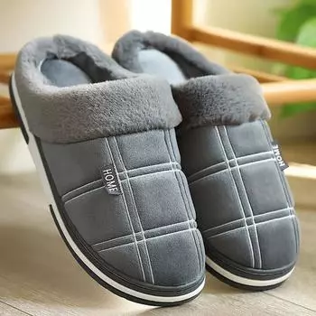 Winter Warm Slippers Men Suede Gingham Short Plush Indoor Shoes For Male Non Slip Cozy Velvet Waterproof Fur Home Men Slippers 7