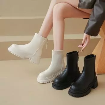 Winter with Fur Girl’s Street Style Black Motorcycle Boots Women High Top Casual Boots Platform Boots Height Increase Plus Size 35-42 EU:35 чёрный