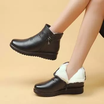 Winter Women s Ankle Boots Plush Warm Cotton Shoes Fashiona Casual Leather Boots for Women Non Slip Platform Snow Boot Botas2024 36 чёрный