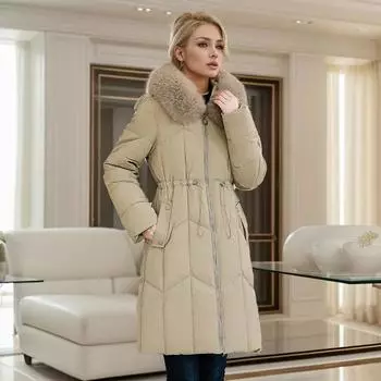 Winter Women s Padded Jackets Mid-Length Fashionable Hooded Large Fur Collar Loose Thick A Waist-Cinching Down Cotton Coat M