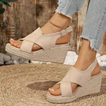 Wish Amazon muffin thick-soled wedge sandals spring and summer new European and American large-size hemp rope bottom fish mouth women s sandals 36 чёрный