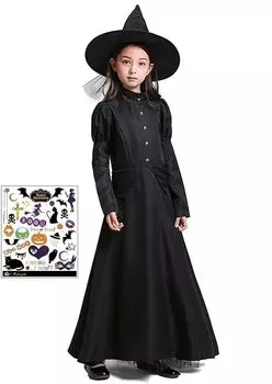 Witch Classical Authentic Cosplay Set Witch Halloween Tattoo Long Skirt Black Dress Black Witch Halloween Witch Wizard Witch Cosplay Kids Costume