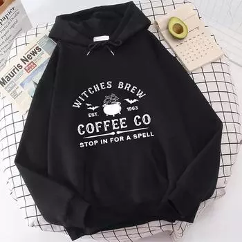Witches Coffee Co Stop in For A Spell Принт Толстовки Смешные Хэллоуин Женщины Спортивная одежда Модные Осенние Толстовки Толстовки Повседневные S
