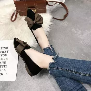 With Bow Women Footwear Pointed Toe Ladies Shoes Black Shoe Y2k Fashion Original Casual 2024 Trends New Arrival Summer Cotton 35