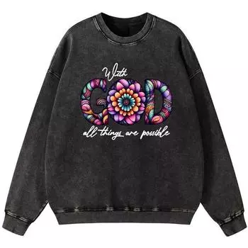 With God All Things Are Possible Womens Vintage Washed Cotton Thin style Sweatshirt Street Autumn Pullover Hipster S