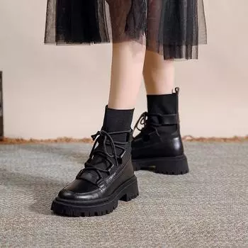 With Laces Sock Female Ankle Boots Booties Short Shoes For Women Chunky Lace-up Black Platform Footwear Comfortable Waterproof 35