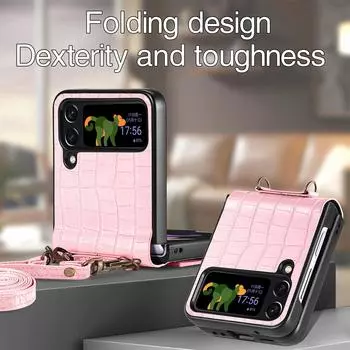 With Lanyard Crocodile Leather Wallet Case for Samsung Galayx Z Flip 4 Flip4 5G Zflip4 Anti-Slip Card Holder Stand Phone Bag for Samsung Z Flip 4