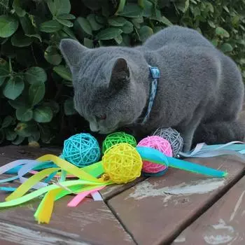 With Tail Bell Cat Multi-colored Rattan Ball Bite Resistant Cats Training Play Ball Self Happy серый