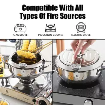 With Thermometer and Lid Tempura Fryer Pan 2.2L 20 cm Deep Frying Pot 304 Stainless Steel 2 Handles Japanese Style белый