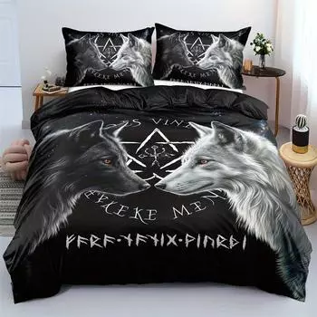 Wolf Duvet Cover Set-Polyester Includes Duvet Cover and 2 Pillowcases Machine Washable Animal Print Bedding Set No Duvet Insert US Queen228x228cm