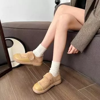 Woman Khaki Cow Suede Platform Flat Shoes Vintage Round Toe Velcro Boken Shoes 2024 Autumn New Japanese Style Small Leather Shoe 36