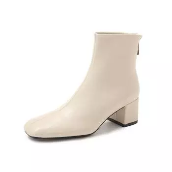 Woman Leather Short Boots Square Head Low-barrel Elastic French Style Short Boots 2024 Autumn Chic Back Zip Casual Short Boots 36
