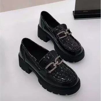 Woman Pumps Loafers Cute Kawaii Platform Shoes for Women Normal Leather Casual Block Heel Round Toe Chunky Heels Popular Shoe A 34