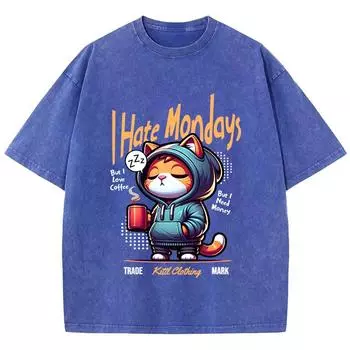 Woman Washed T-Shirts Cute Cartoons Cat Print Tee Shirts Cotton Distressed Oversize Crewneck Tops Clothes S