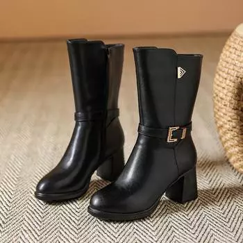 Woman Winter Warm Plus Fleece Thick Heel Anti-slip Boots Soft Leather Middle Tube Mother Comfort Cotton Mother Shoes 35(Foot22.5cm)