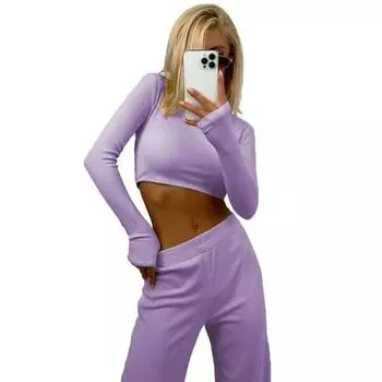 Women 2 Piece Lounge Set Long Sleeve Cropped Pullover Top Wide Leg Pants Set Fall Crewneck Tracksuit Casual Outfits S