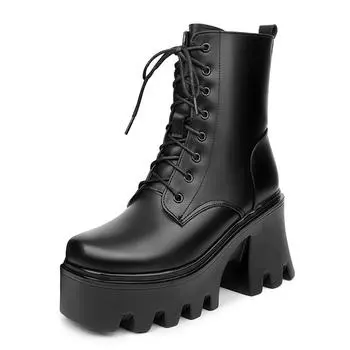 Women Ankle Boots Platform High Heel Genuine Leather Wool Warm Winter Boots Women Lace-up Fashion Biker Boots Women 34 чёрный