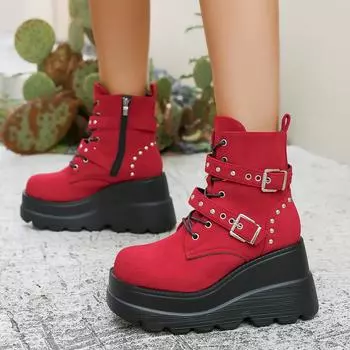 Women Ankle Boots Stylish Punk Chic Platform Wedge Heeled Boots Women Lace Up Ankle High Comfortable Versatile Shoes Women 35