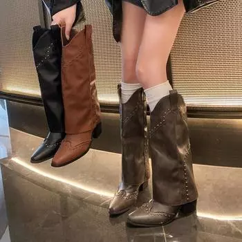 Women Autumn Winter Black Leather Rivets Elegant Slim Knee High Boots Fashion 6.5cm High Heel Pointed Toe Female Long Boots 35 жёлтый