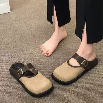 Women Baotou Slippers Casual Boken Wear Flat Bottom Half Pack Couple Large Size Cork Slippers Half Drag 40 бежевый